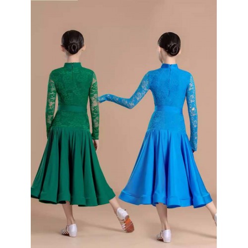 Girls blue dark green lace ballroom dance dresses for kids children waltz tango foxtrot smooth dance long swing skirts modern dance costumes 